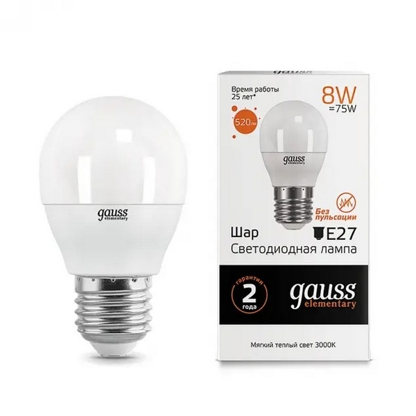 

Лампочка 8W E27 3000K Gauss Elementary 53218, Elementary 53218