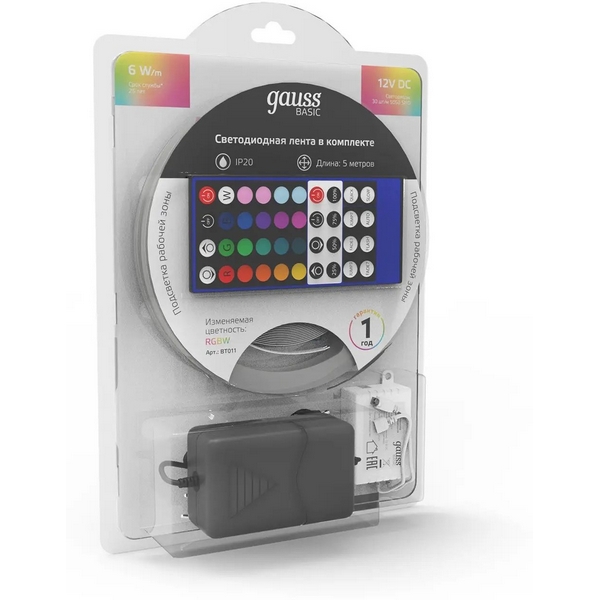 

Светодиодная лента с пультом Gauss Basic BT011 LED 5050/30RGB+30W 12V 6W/m 390lm/m RGBW 10mm IP20 5m, Basic BT011