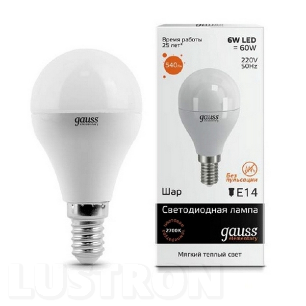 

Лампочка светодиодная груша E14 6W 2700K 540lm Gauss LD53116, LD53116