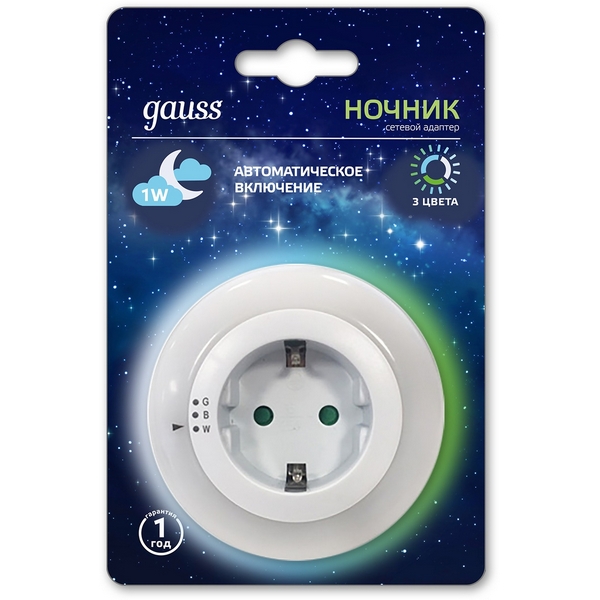 

Ночник с розеткой с заземлением Gauss NS002, Белый, NS002