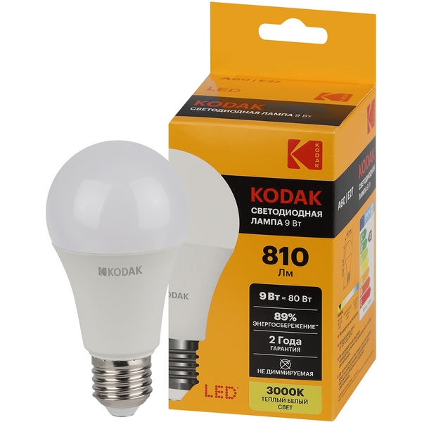 Изображение товара Светодиодная лампа Kodak LED A60-9W-830-E27 K 9Вт груша теплый белый свет Е27 (Б0057602)