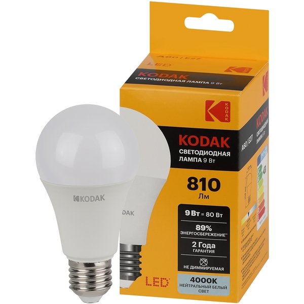 Изображение товара Светодиодная лампа Kodak LED A60-9W-840-E27 K 9Вт груша нейтральный белый свет Е27 (Б0057603)