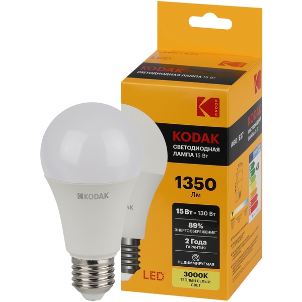 Изображение товара Светодиодная лампа Kodak LED A60-15W-830-E27 K 15Вт груша теплый белый свет Е27 (Б0057608) Изображение товара Светодиодная лампа Kodak LED A60-15W-830-E27 K 15Вт груша теплый белый свет Е27 (Б0057608)