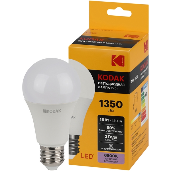 Изображение товара Светодиодная лампа Kodak LED A60-15W-865-E27 K 15Вт груша холодный дневной свет Е27 (Б0057610)