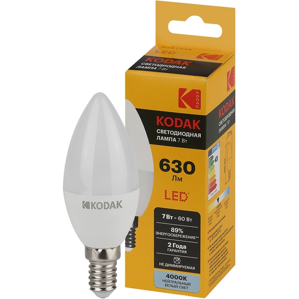 Изображение товара Светодиодная лампа Kodak LED B35-7W-840-E14 K 7Вт свеча нейтральный белый свет Е14 (Б0057624)
