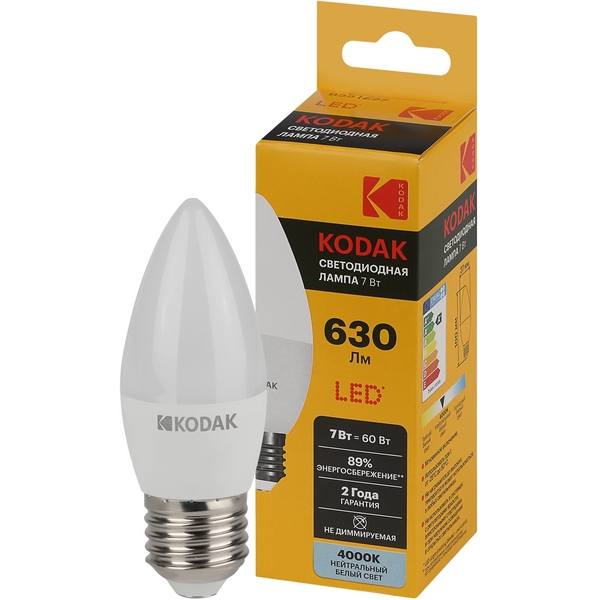 Изображение товара Светодиодная лампа Kodak LED B35-7W-840-E27 K 7Вт свеча нейтральный белый свет Е27 (Б0057627)