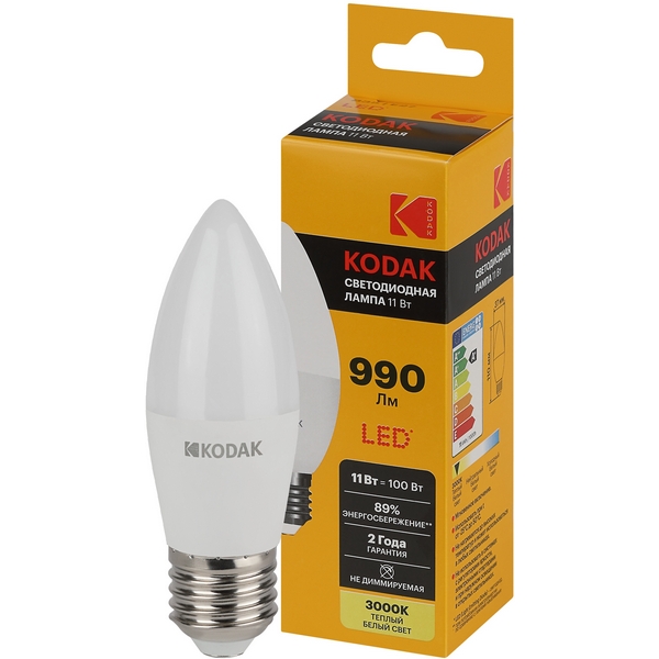 Изображение товара Светодиодная лампа Kodak LED B35-11W-830-E27 K 11Вт свеча теплый белый свет Е27 (Б0057632) Изображение товара Светодиодная лампа Kodak LED B35-11W-830-E27 K 11Вт свеча теплый белый свет Е27 (Б0057632)