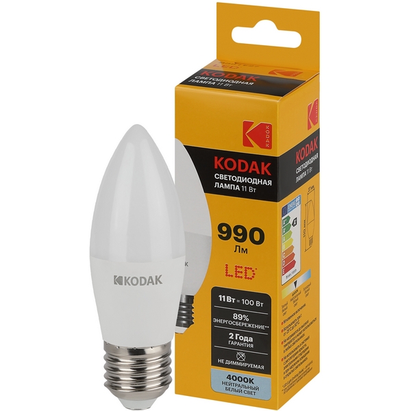 Изображение товара Светодиодная лампа Kodak LED B35-11W-840-E27 K 11Вт свеча нейтральный белый свет Е27 (Б0057633)