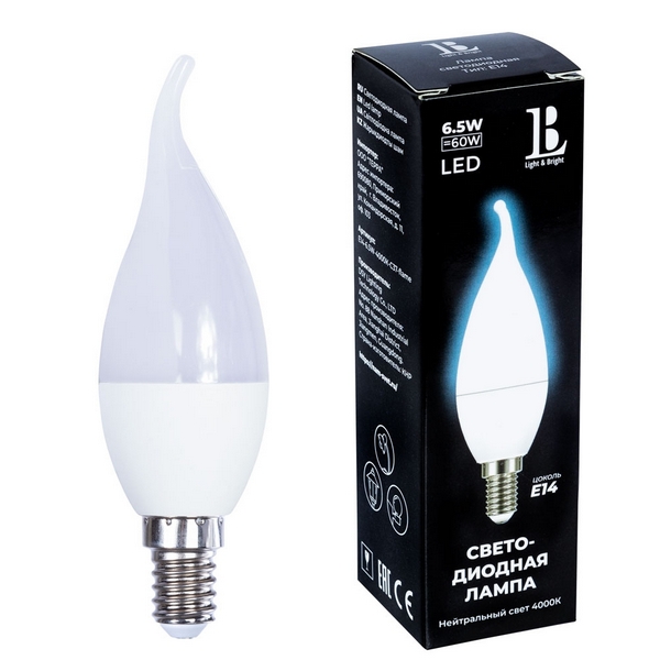 

Лампочка светодиодная L&B E14-6,5W-4000К-C37-flame_lb, E14-6,5W-4000К-C37-flame_lb