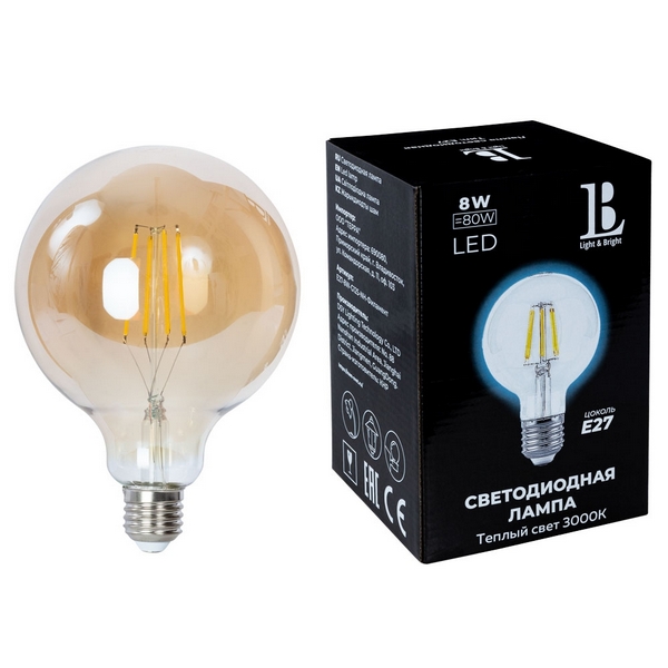Лампочка светодиодная филаментная E27-8W-G125-WW-fil gold_lb L&B .