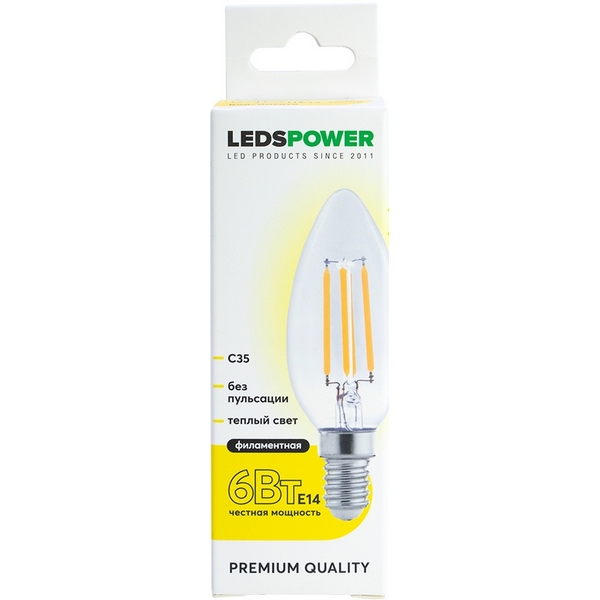 

Лампочка светодиодная филаментная E14 6Вт 3000K LEDS POWER 007076 LEDS Power, 007076