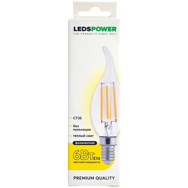 

Лампочка светодиодная филаментная E14 6Вт 3000K LEDS POWER 007090 LEDS Power, 007090