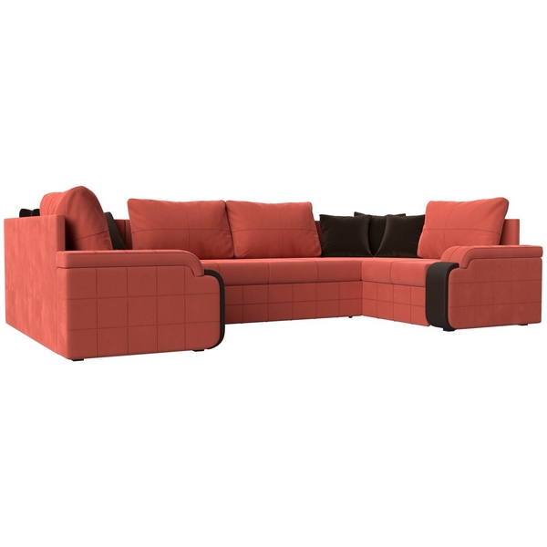 

П-образный диван Николь (микровельвет коралловый, вставка экокожа коричневая, подушки микровельвет КРЛ/кор) Лига Диванов 113281, Николь 113281