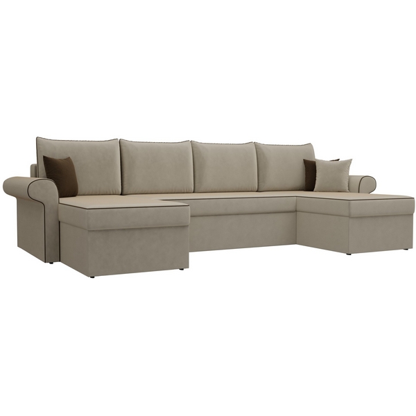 

П-образный диван Милфорд (микровельвет бежевый, кант микровельвет коричневый, подушки микровльвет БЕЖ/кор/беж) Лига Диванов 31566, Милфорд 31566