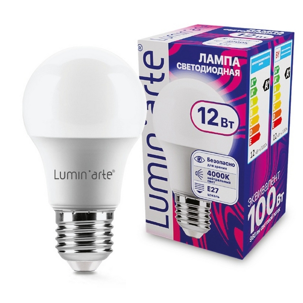

Светодиодная лампа 12Вт 4000K E27 Lumin'arte LSTD-A60-12W4KE27, LSTD-A60-12W4KE27