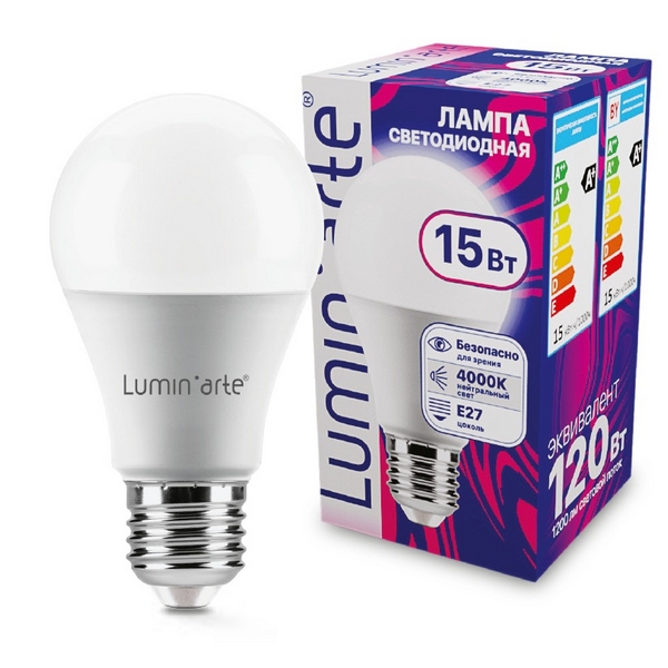 

Светодиодная лампа 15Вт 4000K E27 Lumin'arte LSTD-A60-15W4KE27, LSTD-A60-15W4KE27