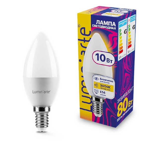 

Светодиодная лампа 10Вт 3000K E14 Lumin'arte LSTD-C37-10W3KE14, LSTD-C37-10W3KE14
