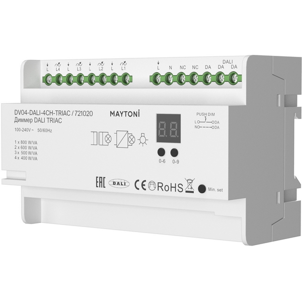 

Диммер DALI DT6 четырёхканальный TRIAC 230VAC DIN Maytoni 721020, Диммеры 721020