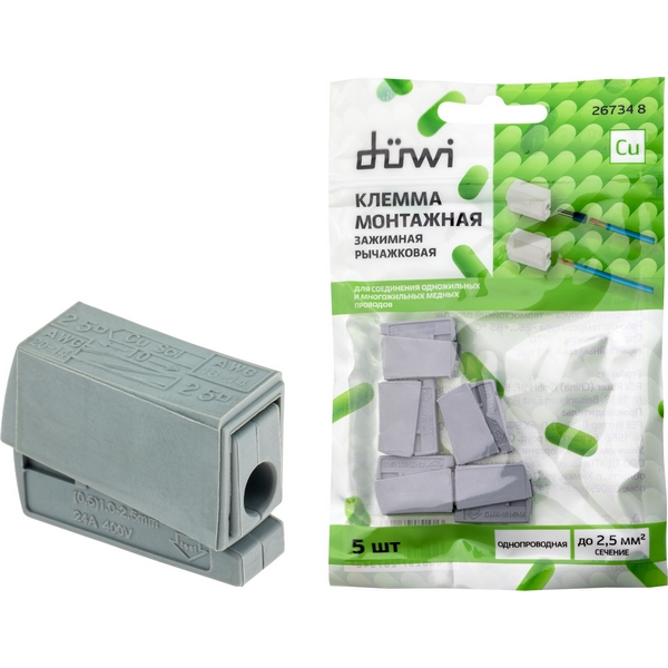 

Клемма зажимная рычажковая 5 шт. duwi 26734 8 Duwi, Серый, 26734 8