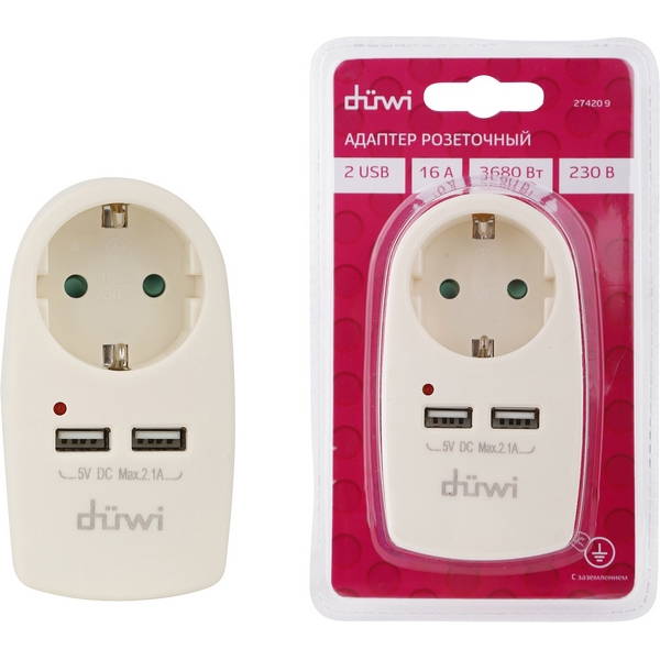 

Адаптер розеточный 1 гнездо и USBх2 duwi 27420 9 Duwi, 27420 9