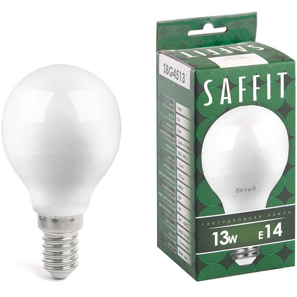 

Лампа светодиодная Saffit SBG4513 55158 Шарик E14 13W 230V 4000K, SBG4513 55158