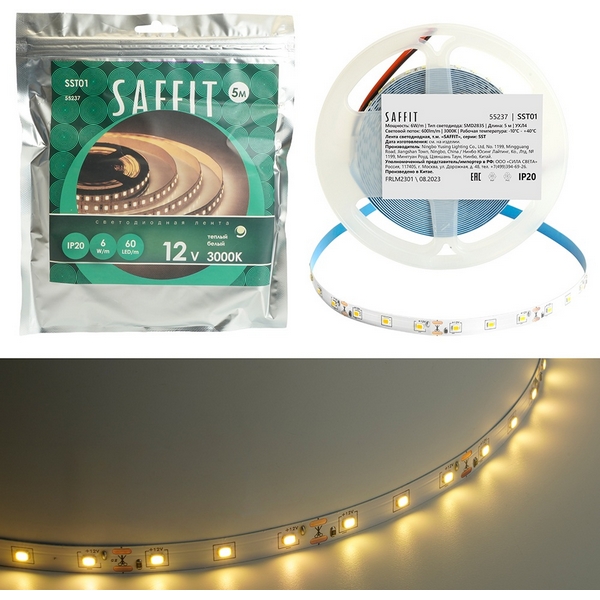 

Лента светодиодная Saffit SST01 55237 60SMD(2835)/m 6Вт/м 12V 5000*8*1.22мм 3000K, IP20, SST01 55237