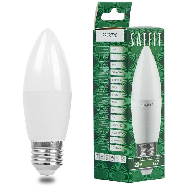 

Лампа светодиодная Saffit SBC3720 55271 Свеча E27 20W 230V 6400K, SBC3720 55271