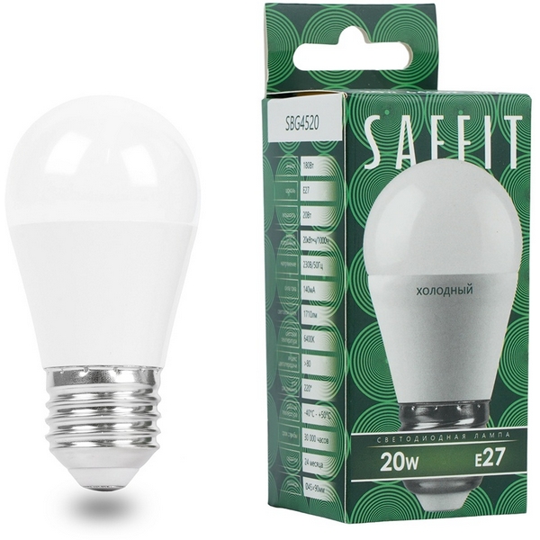 

Лампа светодиодная Saffit SBG4520 55278 Шарик E27 20W 230V 6400K, SBG4520 55278