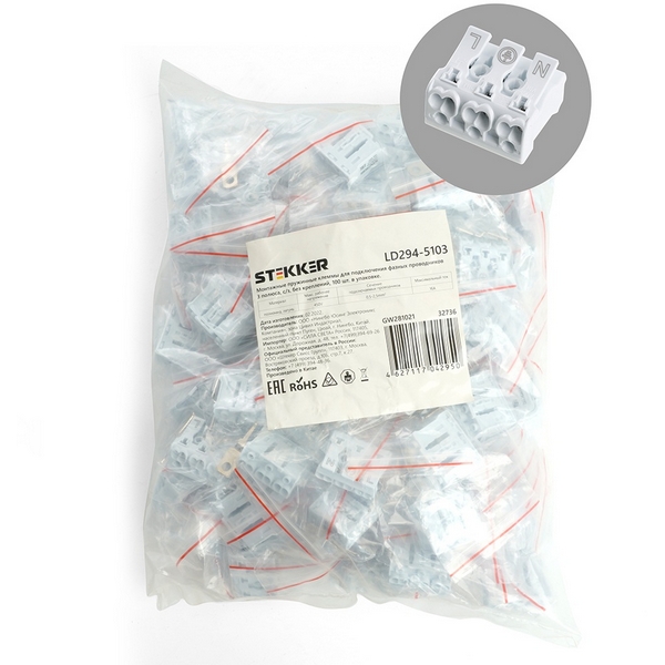 Изображение товара Клемма монтажная Stekker 32736 для проводов до 2.5 мм кв. белая IP20