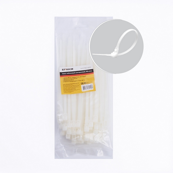 

Хомут многоразовый 5x200мм белый 100 шт. Stekker 39082, 39082