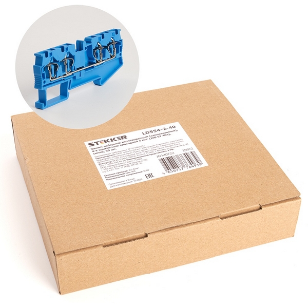 Изображение товара Зажим пружинный 4-х проводной проходной Stekker 39972 синий 40 А 800 В