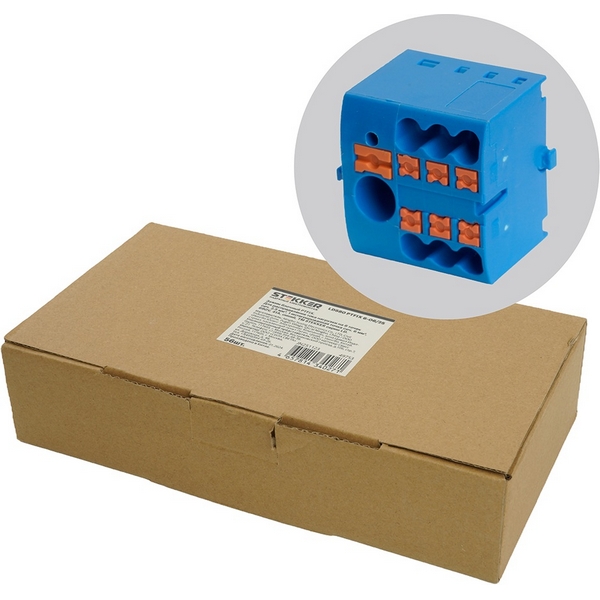 Изображение товара Зажим блочный на 6 точек Stekker 49753 для электромонтажа, синий, 24 А, 450 V