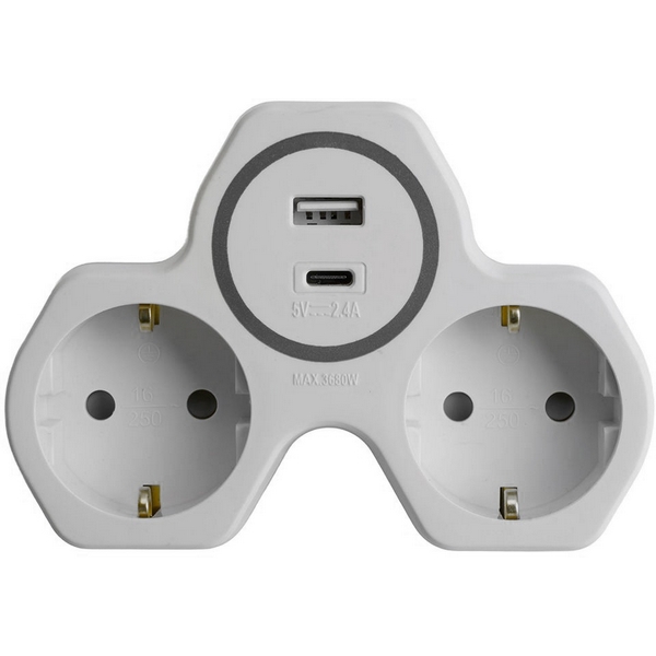 

Разветвитель сетевой 2-х местный с заземлением с USB+Type C (белый, серый) Stekker 50071, 50071