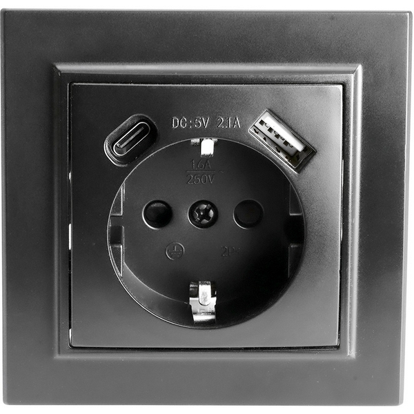 Изображение товара Розетка с заземлением и USB Type A+C черная Stekker Эрна 50078
