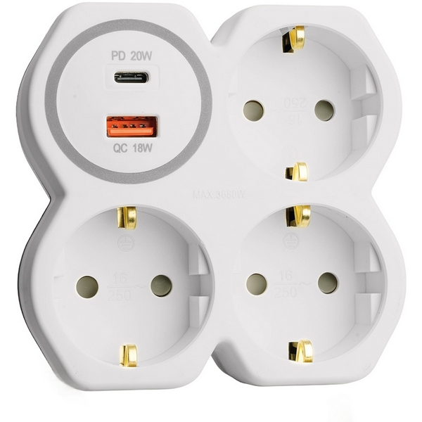 Изображение товара Разветвитель сетевой 3-х местный с заземлением USB Type-C и Type-A Stekker 50110