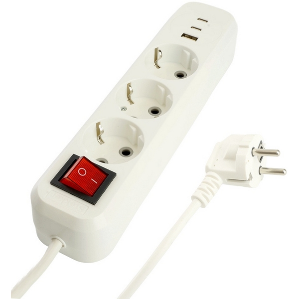 

Удлинитель 3-х местный с заземлением USB Type-A + 2хUSB Type-С 5 метров (белый) Stekker Home 50138, Home 50138