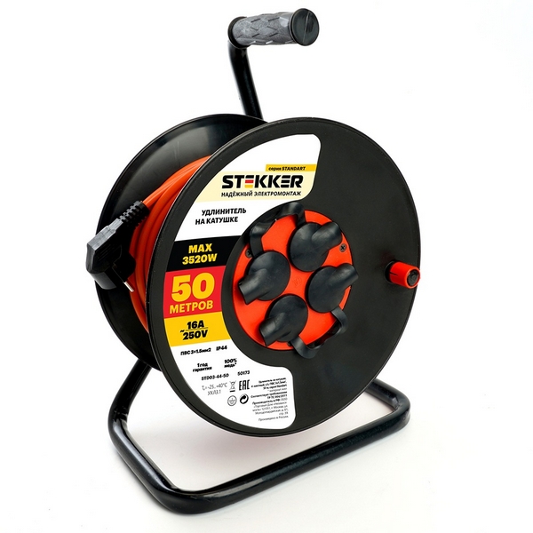 Изображение товара Удлинитель 4-х местный с заземлением 50 м на катушке Stekker 50173