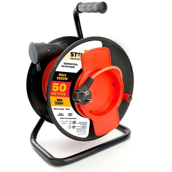 

Удлинитель одноместный с заземлением 50 метров на пластиковой катушке Stekker Standart 50176, STANDART 50176