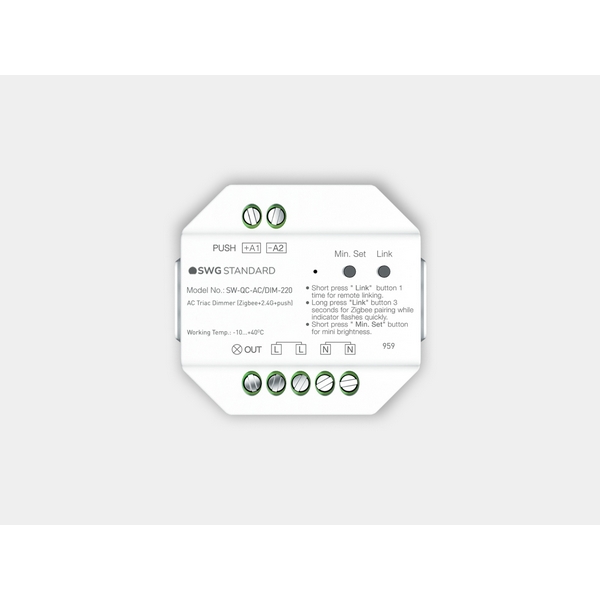 

Универсальный диммер TRIAC 220В, Zigbee 3.0 + 2.4G + Push SWG Quick Control SW-QC-АС/DIM-220, Quick Control SW-QC-АС/DIM-220