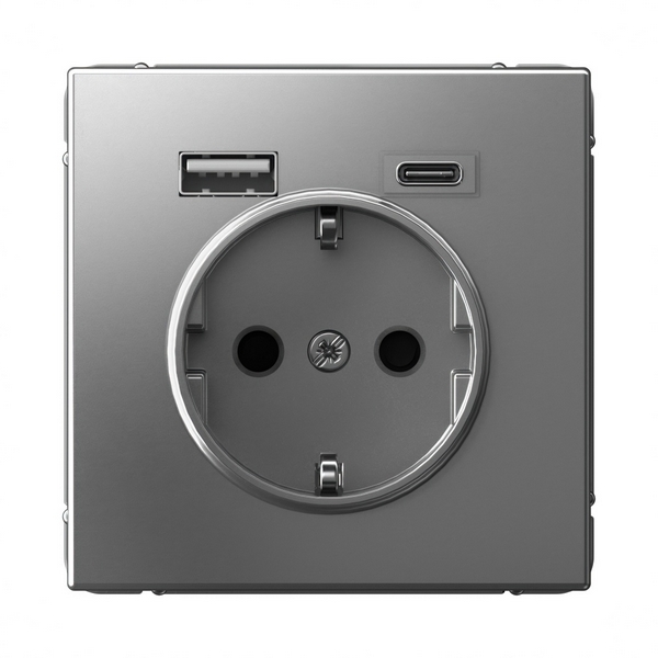 Изображение товара Розетка с заземлением, шторками и USB Type A+С (сталь) Systeme Electric GAL000932