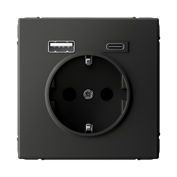 Изображение товара Розетка с заземлением, шторками и USB Type A+С (базальт) Systeme Electric GAL001432