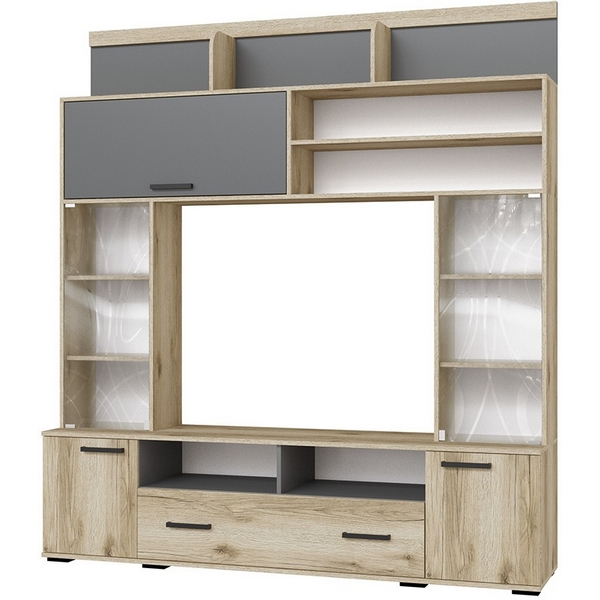 Изображение товара Стенка для гостиной ТЭКС Оскар-18, светлое дерево и серый, размеры 190x210x43 см