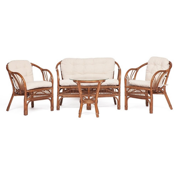 КОМПЛЕКТ  ( диван + кресла стол со стеклом ) /с подушками/ brown (коричневый кокос) (ротанг) Tetchair 9209 10085