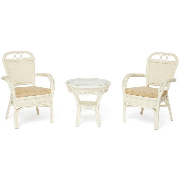 Комплект террасный (стол кофейный со стеклом + кресла подушки) TCH (белый) (ротанг) Tetchair 111787 13337
