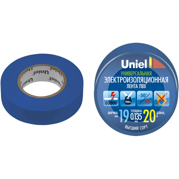 

Изоляционная лента 20м, 19мм, 0,135мм, 1шт, синий Uniel UIT-135P 20/19/01 BLU, UIT-135P 20/19/01 BLU