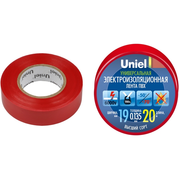 

Изоляционная лента 20м, 19мм, 0,135мм, 1шт, красный Uniel UIT-135P 20/19/01 RED, UIT-135P 20/19/01 RED