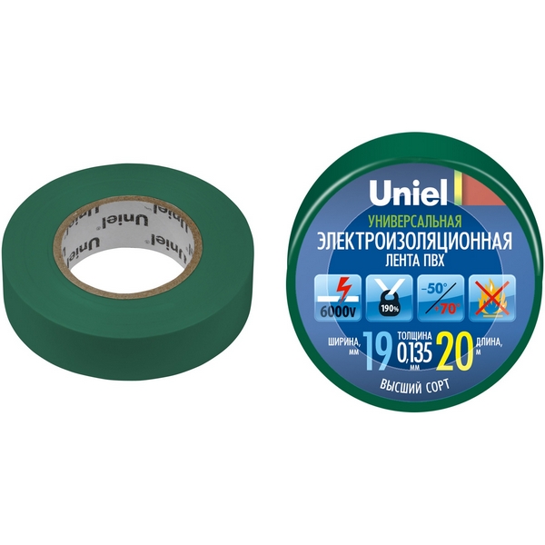 

Изоляционная лента 20м, 19мм, 0,135мм, 1шт, зеленый Uniel UIT-135P 20/19/01 GRN, UIT-135P 20/19/01 GRN