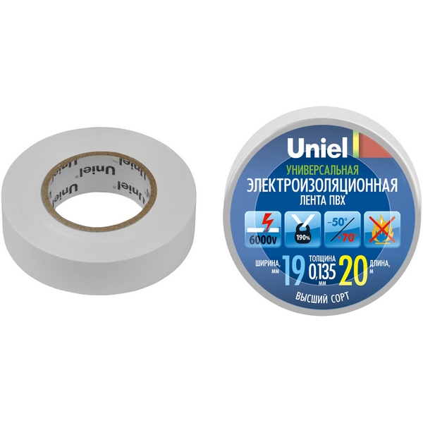 

Изоляционная лента 20м, 19мм, 0,135мм, 1шт, цвет белый Uniel UIT-135P 20/19/01 WHT, UIT-135P 20/19/01 WHT