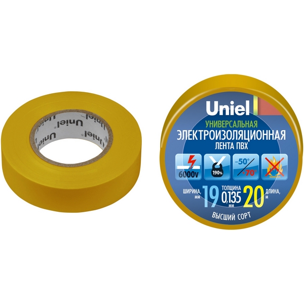 

Изоляционная лента 20м, 19мм, 0,135мм, 1шт, желтый Uniel UIT-135P 20/19/01 YEL, UIT-135P 20/19/01 YEL