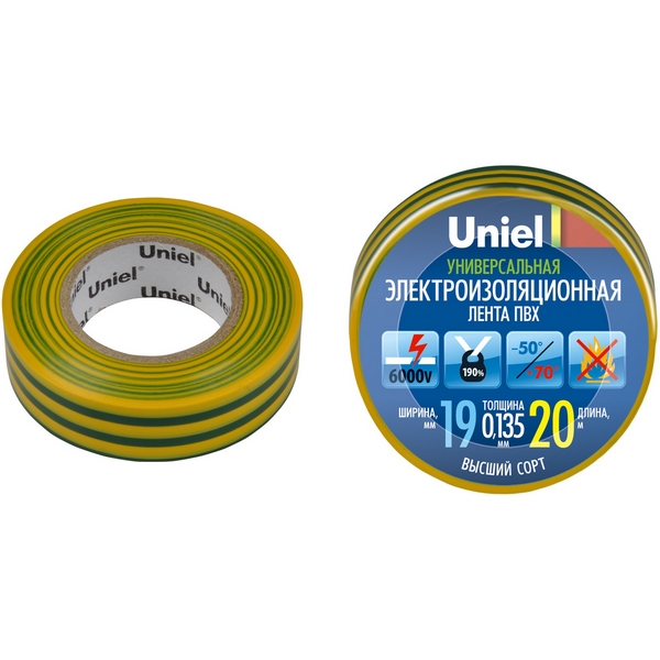 

Изоляционная лента 20м, 19мм, 0,135мм, 1шт, желто-зеленый Uniel UIT-135P 20/19/01 YGR, UIT-135P 20/19/01 YGR